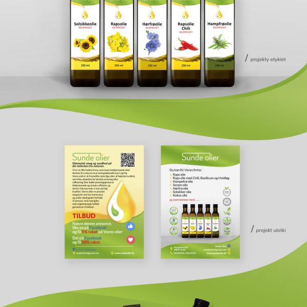 Projekty: logo, seria etykiet oraz ulotki dla producenta oleju